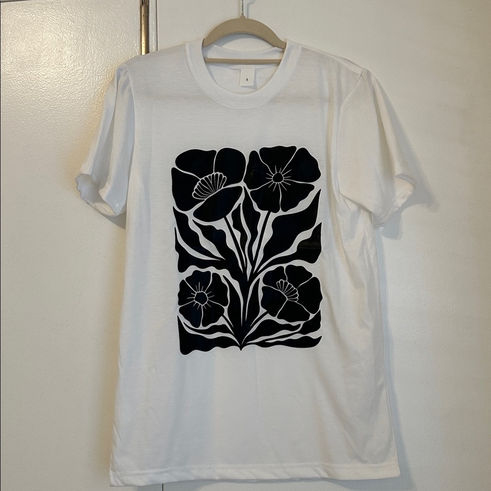 White T-Shirt with Black Floral Design